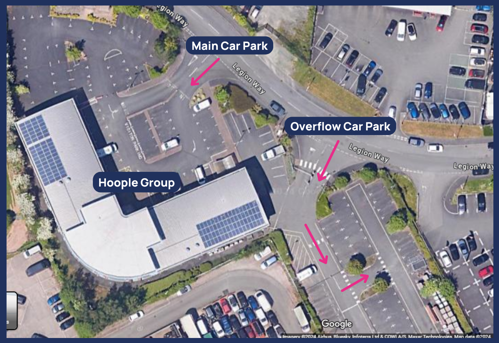 Satellite image of Hoople Group's offices at Legion Way Hereford. The map is annotated with Hoople Group and arrows to the Main Car Park and Overflow Car Park